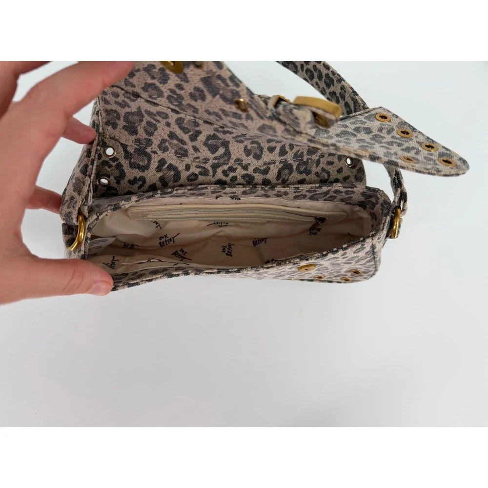 Betsey Johnson Leopard Print Baguette Shoulder Bag Grommet Western Buckle Tan